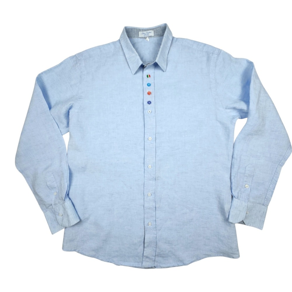 Blue Positano Linen  Button Down Shirt Sz M Light Blue Italy Multi Color Buttons